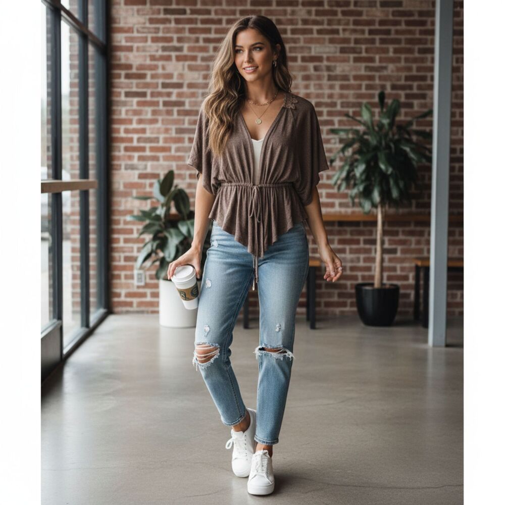 Love By Design Brown Tie-Waist Short Sleeve Cardigan